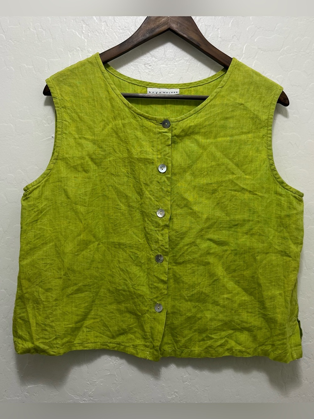 Bryn Walker Chartreuse Linen Sleeveless Button Up Blouse Lagenlook Boxy Crop Top
